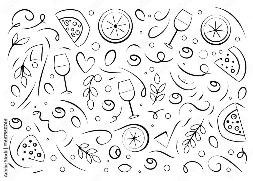 Fototapeta premium Charming hand drawn minimalist collection of mediterranean foods and ingredients featuring fresh produce and culinary delights