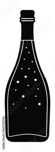 Elegant black silhouette of a bottle with effervescent bubbles inside