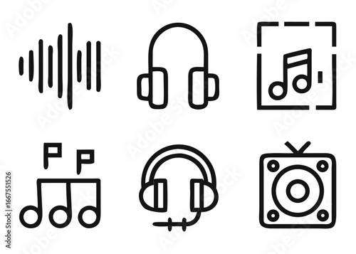 Comprehensive collection of musical instruments and audio equipment symbols for digital and print media applications