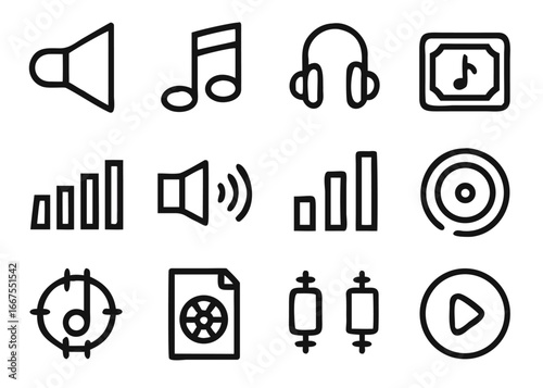 Comprehensive collection of musical instruments and audio equipment symbols for digital and print applications showcasing diverse sound making devices