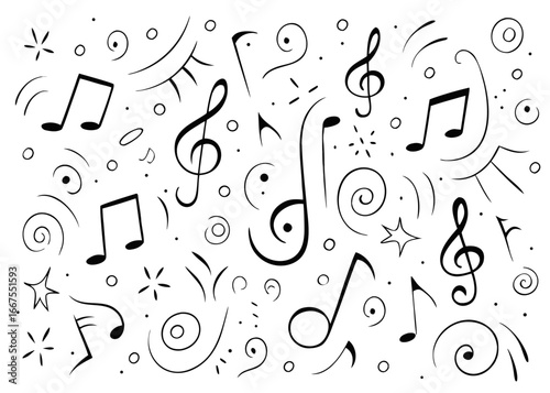 Charming hand drawn musical notation doodle collection featuring various symbols and artistic flourishes for creative projects