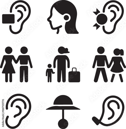 human, relationship, and, hearing, icon, set, family, couple, audiology, listen, sound, simple, solid, black, icon, set, vector