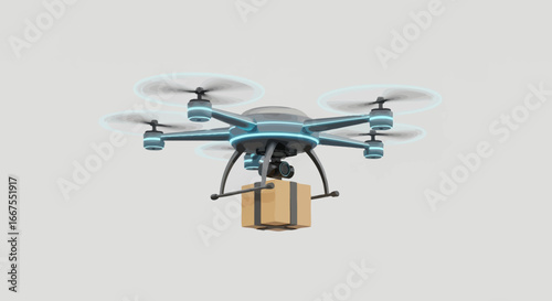 A futuristic concept of automated logistics with an autonomous hexacopter drone carrying a parcel for a modern delivery service