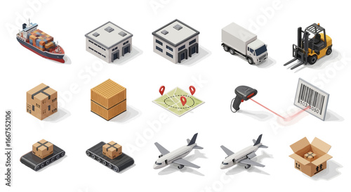 Isometric 3D vector illustration collection for global logistics, cargo freight, and warehouse storage