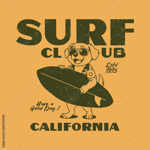 Hand-drawn illustration of a dog surfing on ocean waves. Perfect for t-shirts, stickers, posters, and digital products for dog lovers, beach enthusiasts, and summer-themed projects