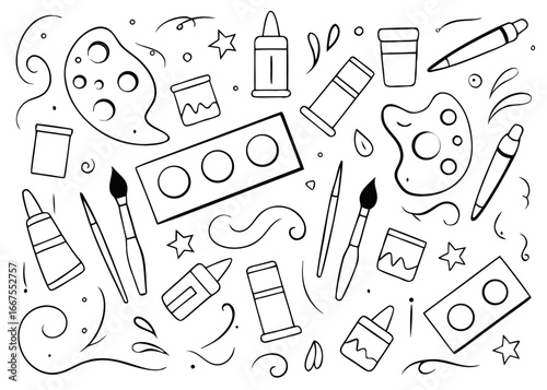 Comprehensive collection of art supplies featuring paint tubes brushes and palette elements for creative projects