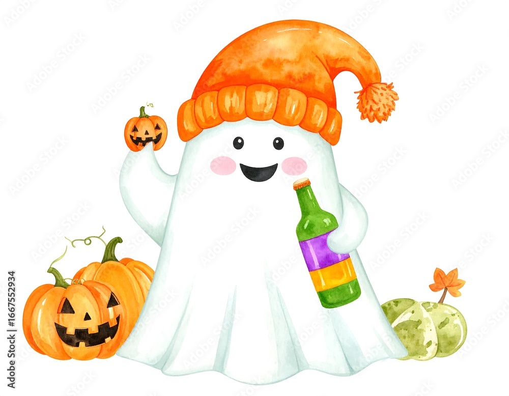 Fototapeta premium Cute ghost with pumpkins and a bottle