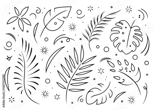 Charming hand drawn crayon brush style illustration featuring lush green palm leaves with a vibrant tropical feel perfect for summer designs