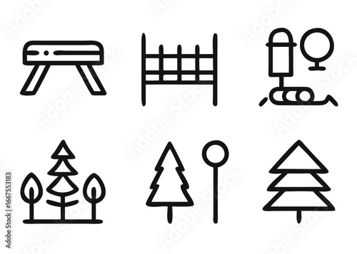 Comprehensive park recreation and outdoor activity icon collection featuring adjustable line weight for versatile design applications