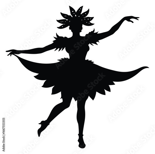 Silhouette of a Festive Dancer with Flower Costume and Headdress isolated