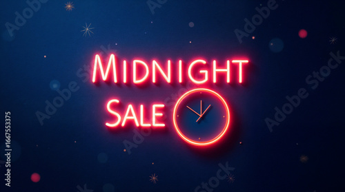 Bright neon midnight sale sign with clock on blue background  