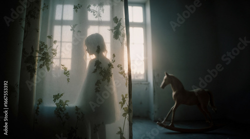 Young girl standing by window in old nursery with rocking horse  