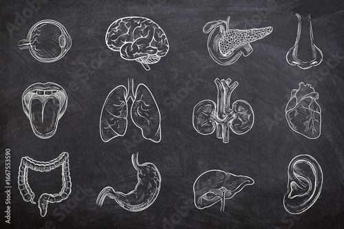 Human organ set on black background. Sketch of brain, heart, liver, lungs, kidneys, intestines, pancreas, ear, nose, mouth, tongue, stomach, and eye on chalk board