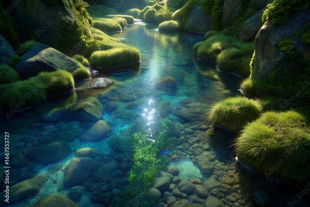 Fototapeta premium Sunlight filters through a mossy forest illuminating a clear shallow stream