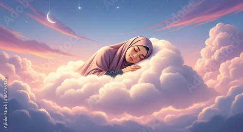 Woman sleeping on clouds in a serene sky