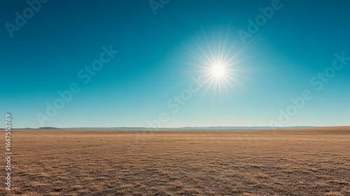 33.Minimalistic landscape of an endless clear sky in deep azure blue, with the sun glowing brightly at its zenith, casting sharp light and creating a warm, summery ambiance.