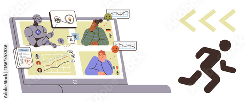 Laptop displaying AI analytics, user emotions, and data with robot assistant, graphs, and fleeing figure. Ideal for technology, AI, decision-making, data visualization mental health
