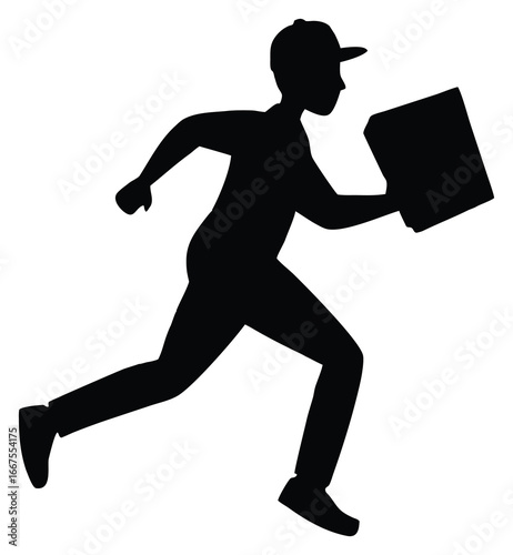 Silhouette of delivery man running with package or pizza box in hand