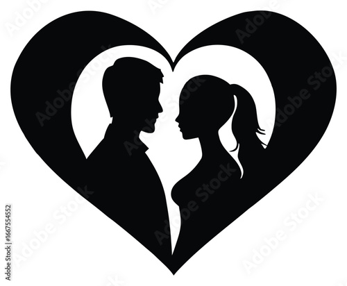 Silhouette of loving couple in a heart shape conveying a romantic relationship