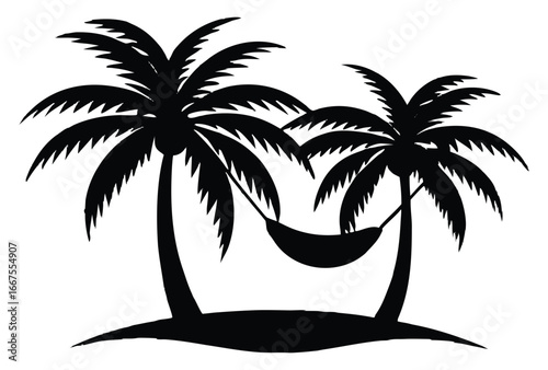 Silhouette of palm trees with hammock creating a tropical beach paradise
