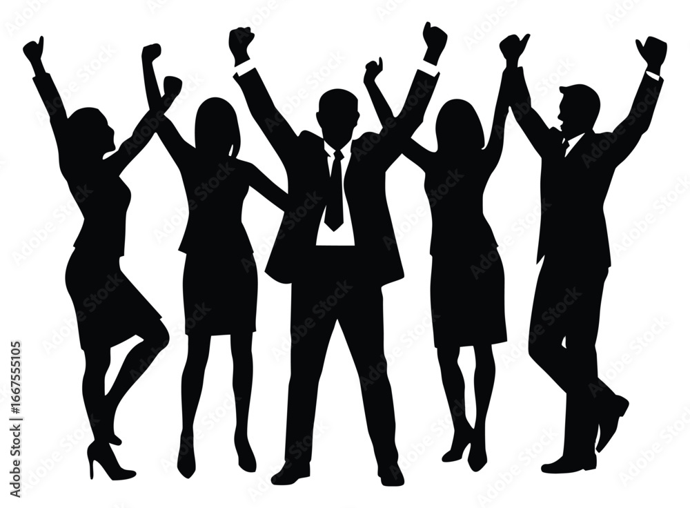 Fototapeta premium Silhouette of successful business team celebrating reaching goals with arms raised high