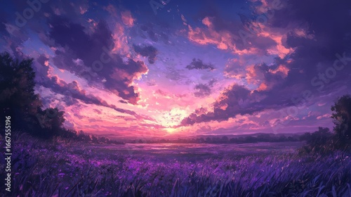 28.Enchanting twilight sky with a rich blend of purple and lavender tones, soft clouds drifting across the horizon, catching the last warm light of the sun and creating a peaceful, dreamy ambiance.