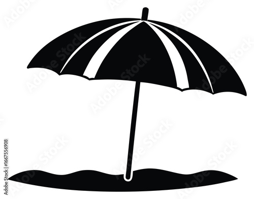 Beach umbrella standing on sand silhouette representing summer vacation getaway holidays