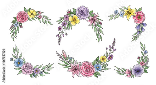 Collection of watercolor floral arrangements on a white background