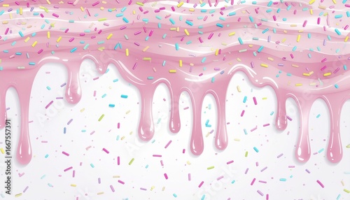 Abstract background of melting pink icing with colorful decorative sprinkles. Sweet confectionery vector pattern