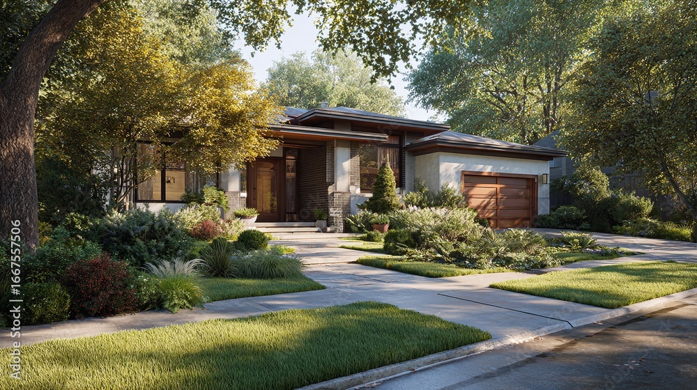 Fototapeta premium Modern Residential House with Stone Facade and Large Glass Windows at Dusk Surrounded by Lush Landscaping