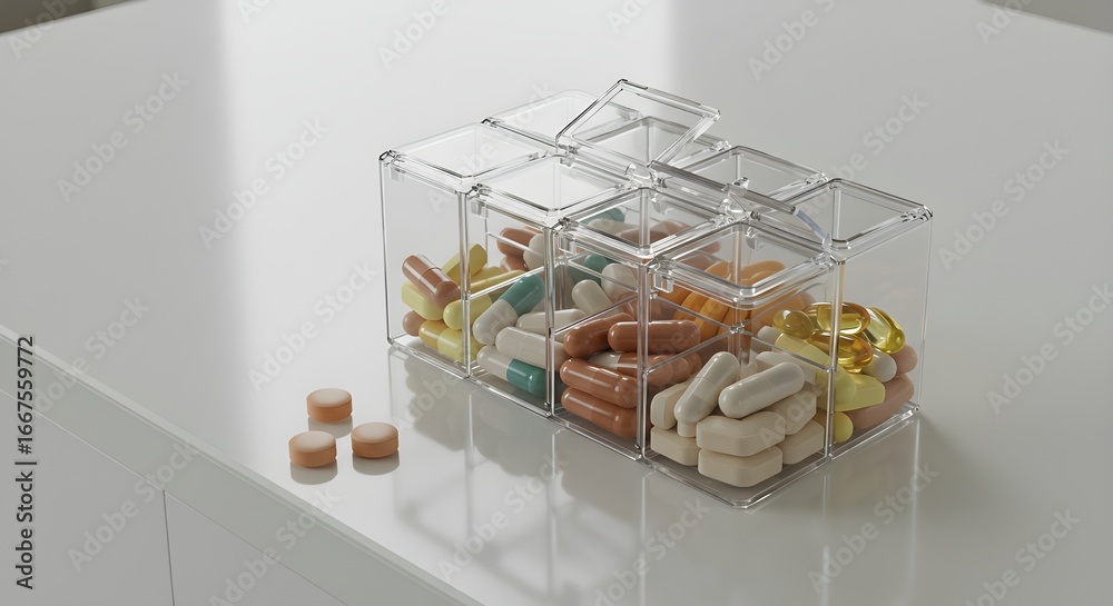 Fototapeta premium Organized jar of vitamins on a bright kitchen counter