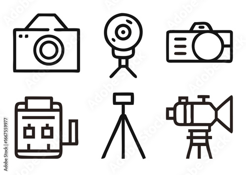 Comprehensive collection of photography equipment symbols including a digital single lens reflex camera and other essential gear for visual storytelling projects