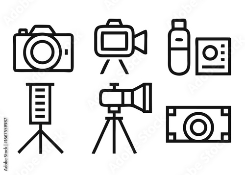 Comprehensive collection of professional photography equipment icons featuring a digital single lens reflex camera and related accessories for creative projects