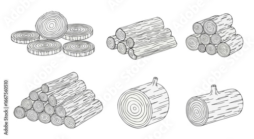 Vector illustration set in outline style of wooden elements, clean black lines with no color fill. Include tree stumps, round wood slices, stacked firewood, pile of tree trunks, cut logs, wooden plan