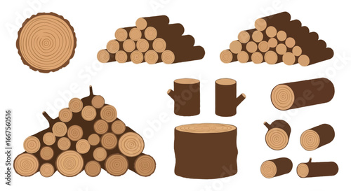 Vector Illustration set in flat style of wooden elements, solid colors with simple shapes, no outlines. Include tree stumps, round wood slices, stacked firewood, pile of tree trunks, cut logs, wooden