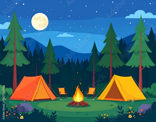 Night camping scene in a forest