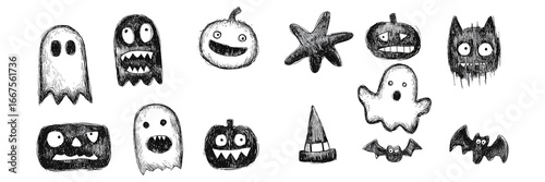 set of hand drawn doodle cartoon cute illustration halloween icons.Halloween design elements, Vector set of halloween clipart.set of halloween icons