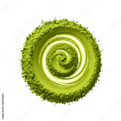 Vibrant Green Matcha Powder Swirl with Fine Texture and Detailed Surface Isolated on White or Transparent Background