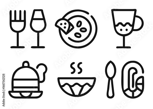 Comprehensive collection of restaurant themed graphical elements with adaptable stroke thickness for diverse culinary branding and signage applications