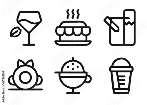 A comprehensive collection of restaurant themed graphic elements featuring adjustable line weight for versatile design applications and branding projects