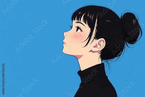 青色の背景に黒髪のお団子ヘアスタイルの女性の横顔イラスト