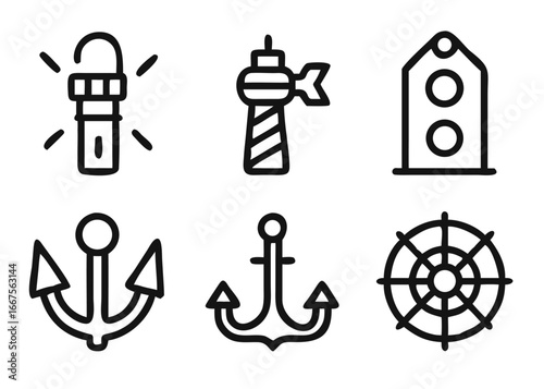 Collection of nautical adventure themed graphic elements for maritime exploration and ocean voyages featuring marine life and seafaring vessels