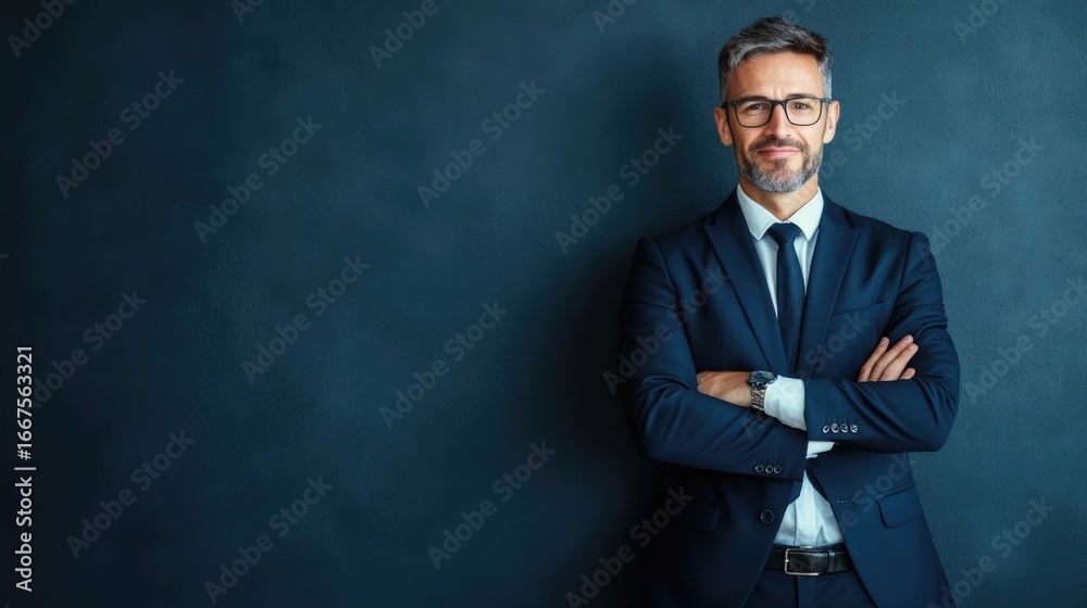 © ittipol - A confident businessman stands with arms crossed, showcasing a professional demeanor. He is wearing glasses and a tailored suit, set against a dark, textured background.