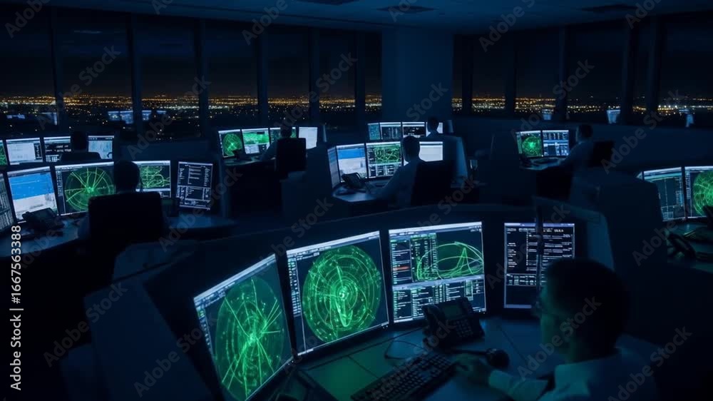 Busy air traffic control center at night with radar screens and operators working