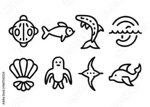 Comprehensive collection of aquatic life graphics with adaptable stroke thickness for diverse design applications