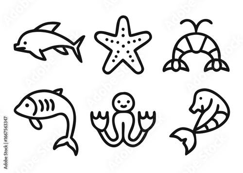 Marine life collection featuring diverse aquatic creatures with customizable stroke thickness and vibrant color palette
