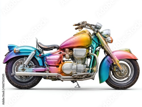 Vibrant Rainbow Custom Motorcycle on White Background