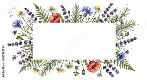 Floral frame with lavender chamomile poppy and cornflower watercolor