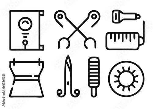 A collection of sewing themed graphical elements with adaptable stroke thickness for various design applications
