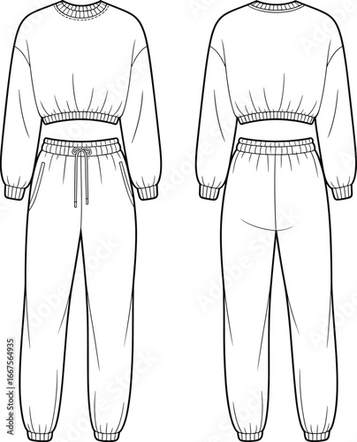 Fashion flat sketch of women's casual tracksuit, front and back view, vector outline of joggers and cropped sweatshirt, editable template